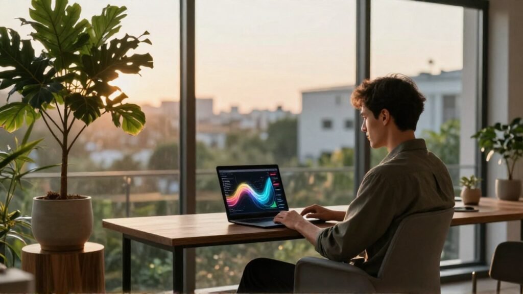Profesional en una oficina moderna analiza una pantalla con datos en ascenso.