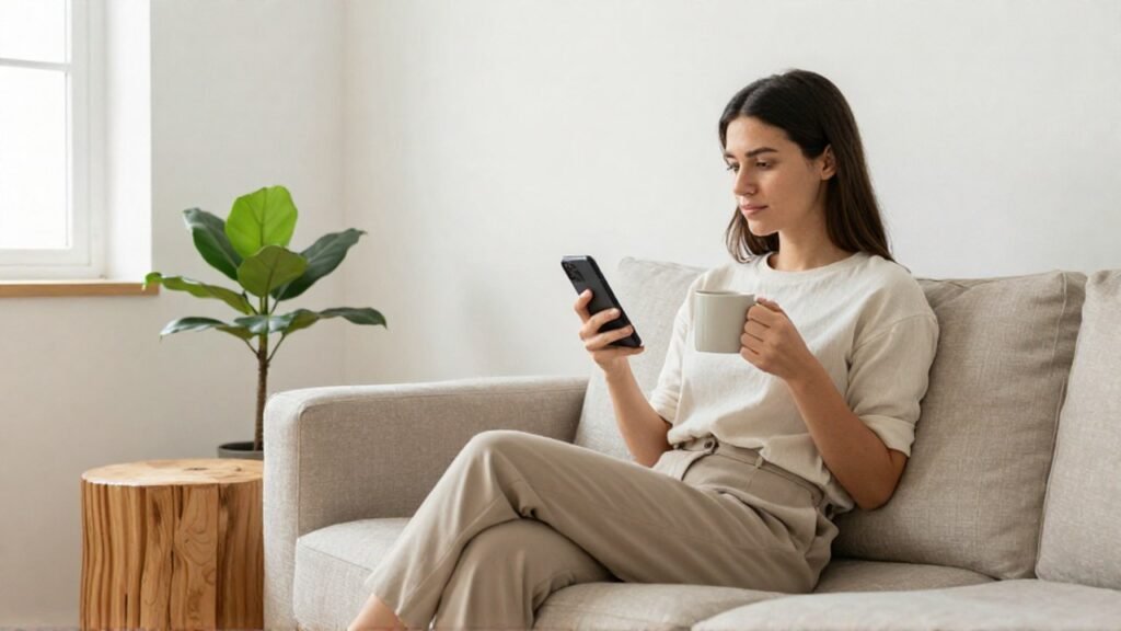 Mujer joven sentada en un sofá mirando su teléfono y sosteniendo una taza.