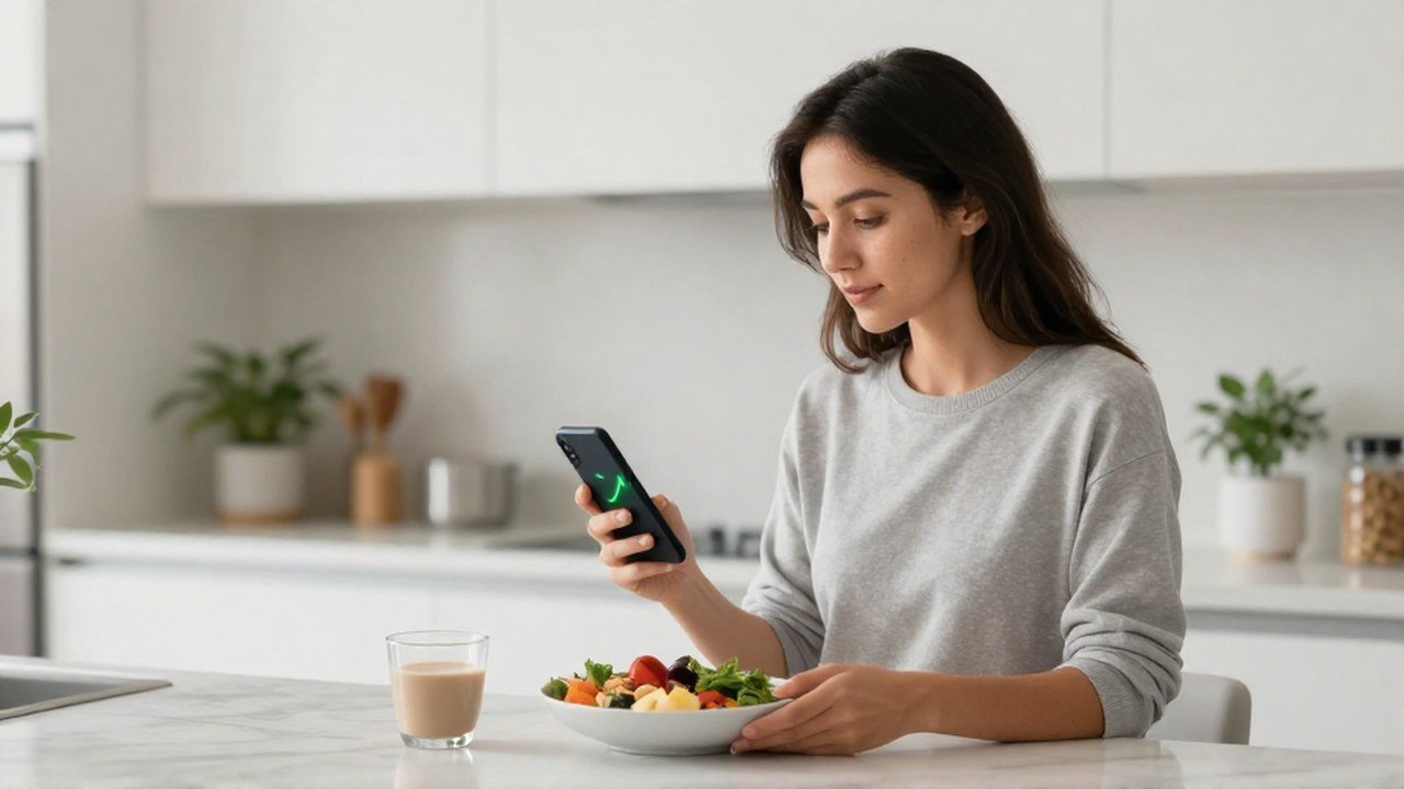 Mujer joven prepara el desayuno mientras consulta un gráfico de crecimiento en su teléfono móvil.