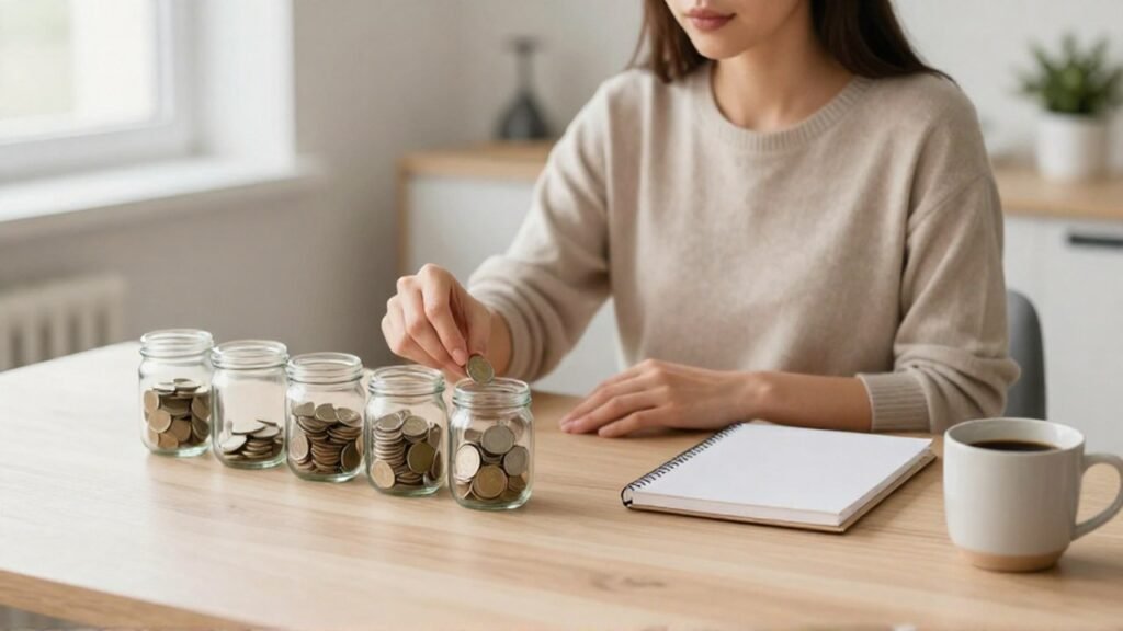 Mujer joven organizando sus ahorros mensuales colocando monedas en frascos de vidrio sobre un escritorio.