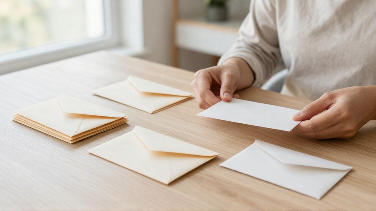 Manos organizando sobres de papel en un escritorio para la planificación de gastos.