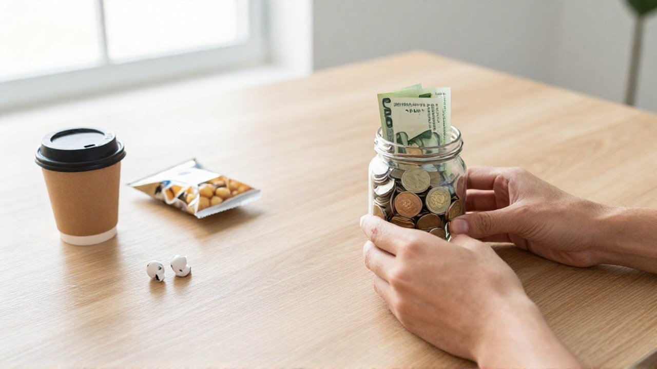 Unas manos apartan gastos cotidianos para destacar un frasco lleno de ahorros.