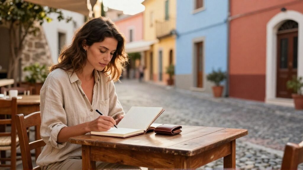 Viajera joven organiza su diario de viaje y cartera en un café mediterráneo.