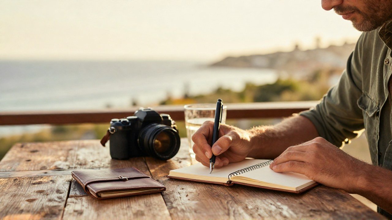 Viajero escribe en un cuaderno sobre una mesa de madera en un café frente a la costa.