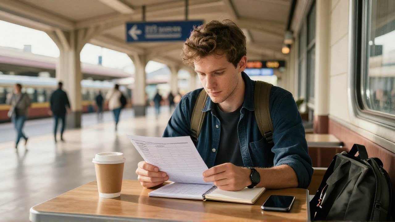 Un viajero sentado en una estación de tren planifica su presupuesto en un cuaderno.