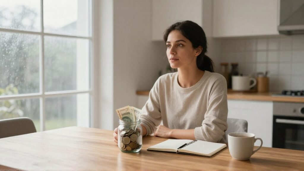 Mujer sentada en una cocina con un frasco de monedas y billetes sobre la mesa.