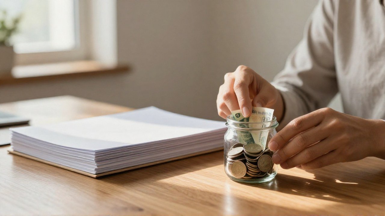 Manos organizando monedas y billetes en un frasco de vidrio junto a una pila de carpetas.