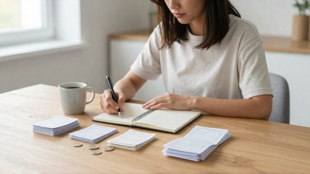 Una mujer joven organiza sus finanzas personales con recibos y monedas sobre una mesa de madera.