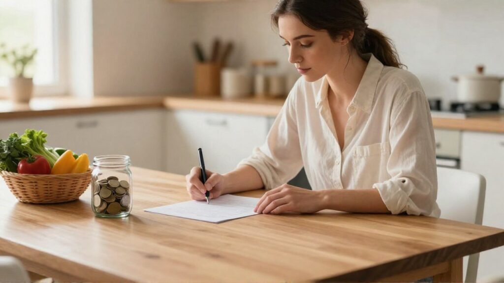 Mujer organiza un presupuesto en una mesa con un frasco de monedas y vegetales.