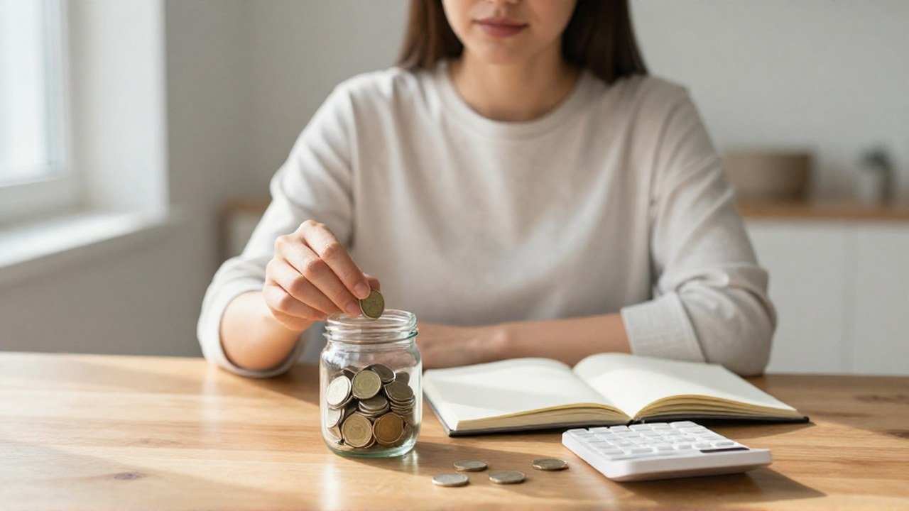 Mujer depositando monedas en un frasco de vidrio junto a un cuaderno y calculadora.