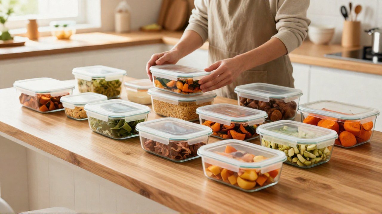 Persona preparando recipientes con comida saludable en una isla de cocina de madera.