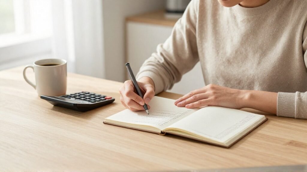Persona concentrada planificando sus finanzas personales y escribiendo en un cuaderno en una oficina en casa.
