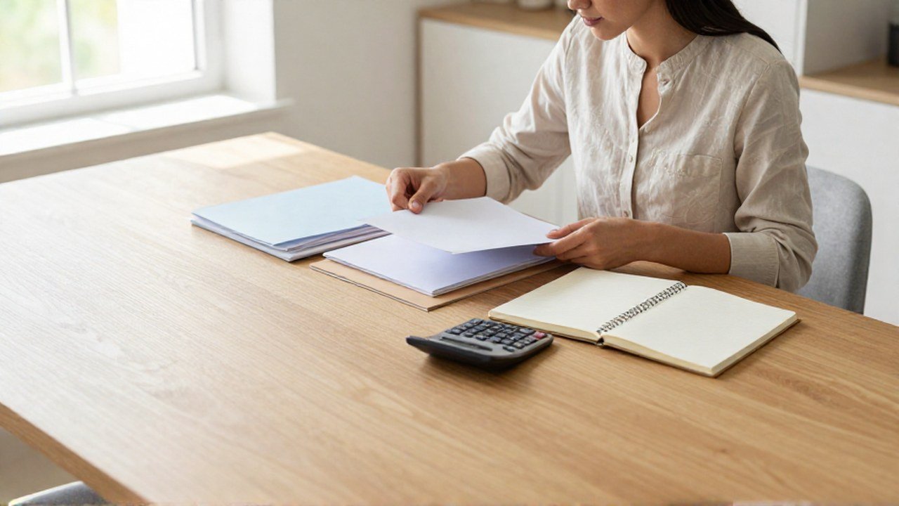 Mujer organizando carpetas y cuadernos en un escritorio para gestionar sus finanzas personales.