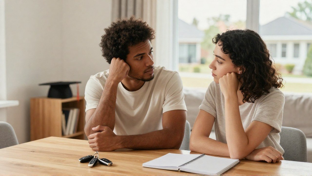 Pareja joven sentada a una mesa compartiendo un momento de alivio y satisfacción.