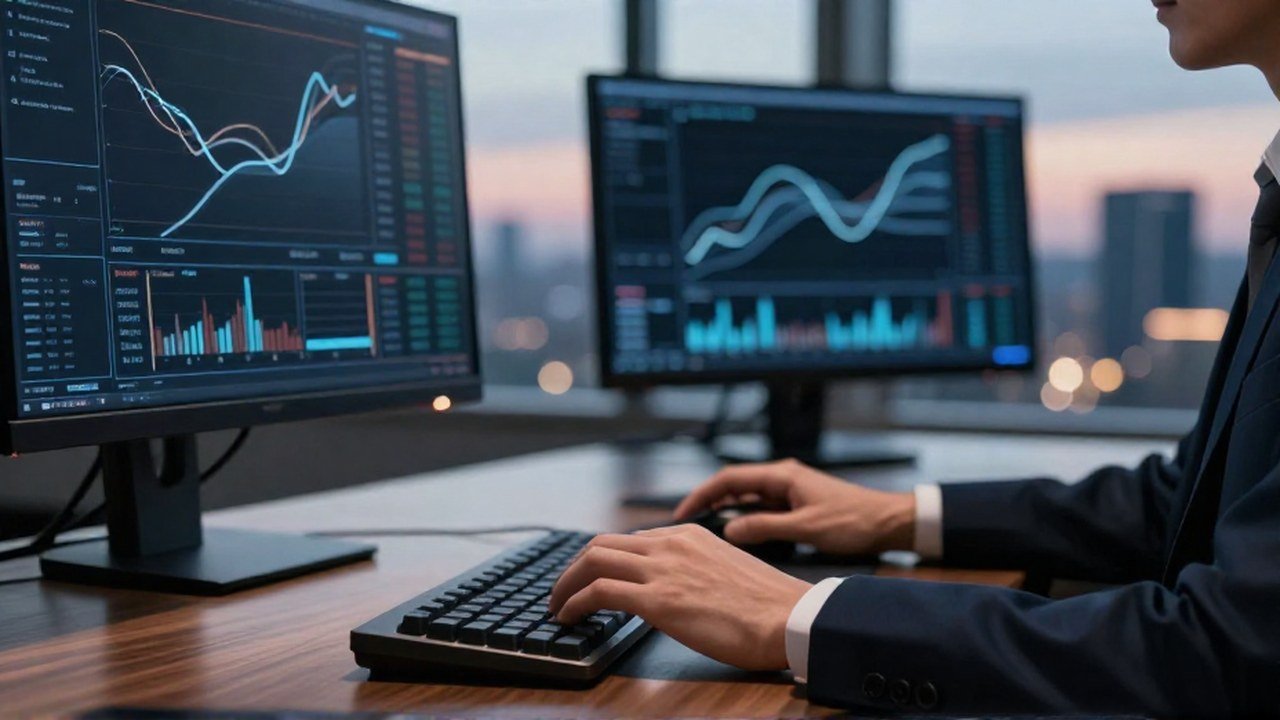 Manos de un inversor operando acciones en una sala de trading privada.