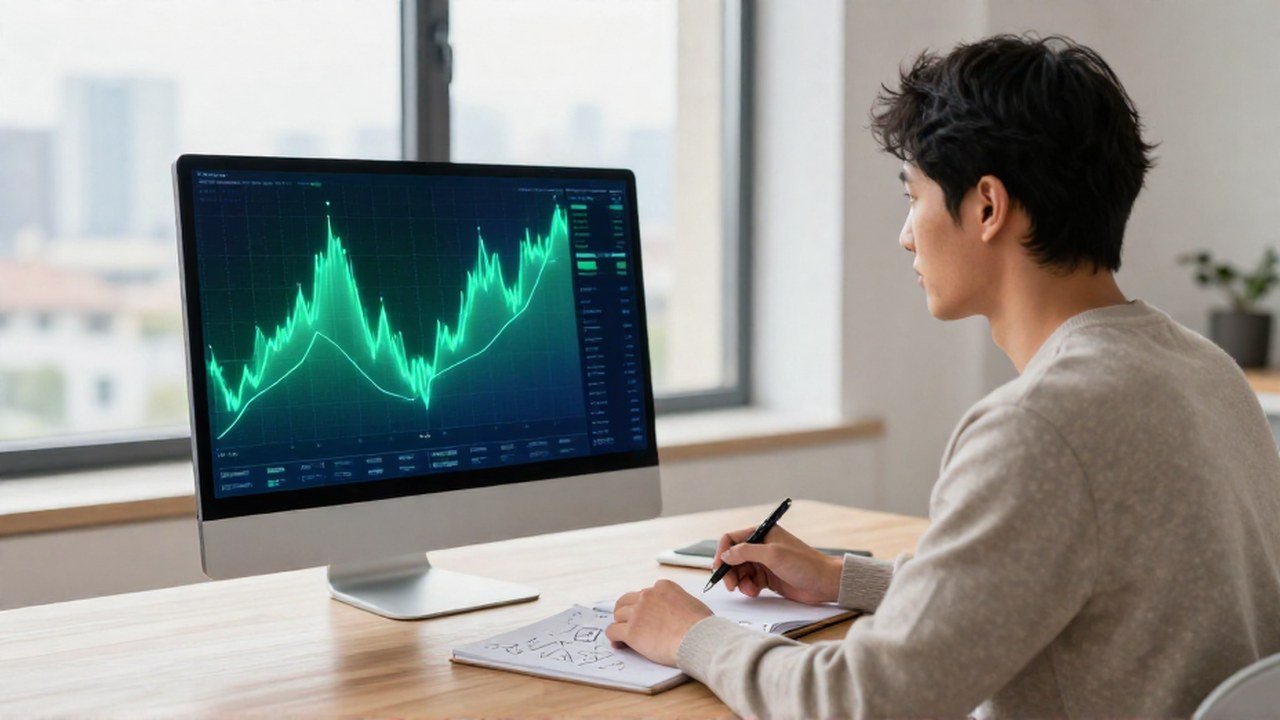 Persona concentrada frente a un monitor con gráficos de tendencias financieras en un espacio de trabajo moderno.