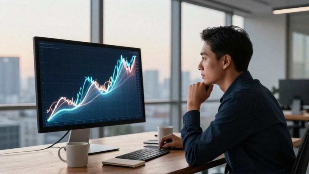 Persona concentrada observa una pantalla con gráficos de tendencia ascendente en una oficina moderna.