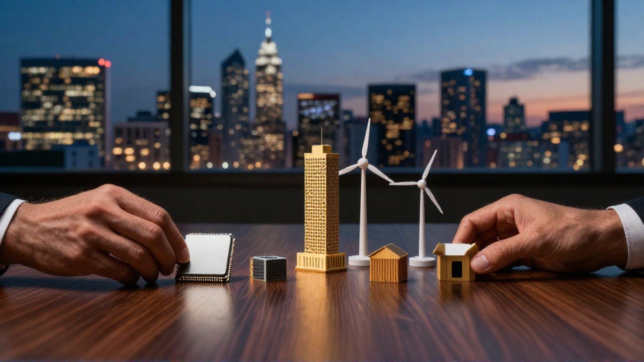 Manos organizan modelos en miniatura de diversos sectores económicos sobre un escritorio de madera.