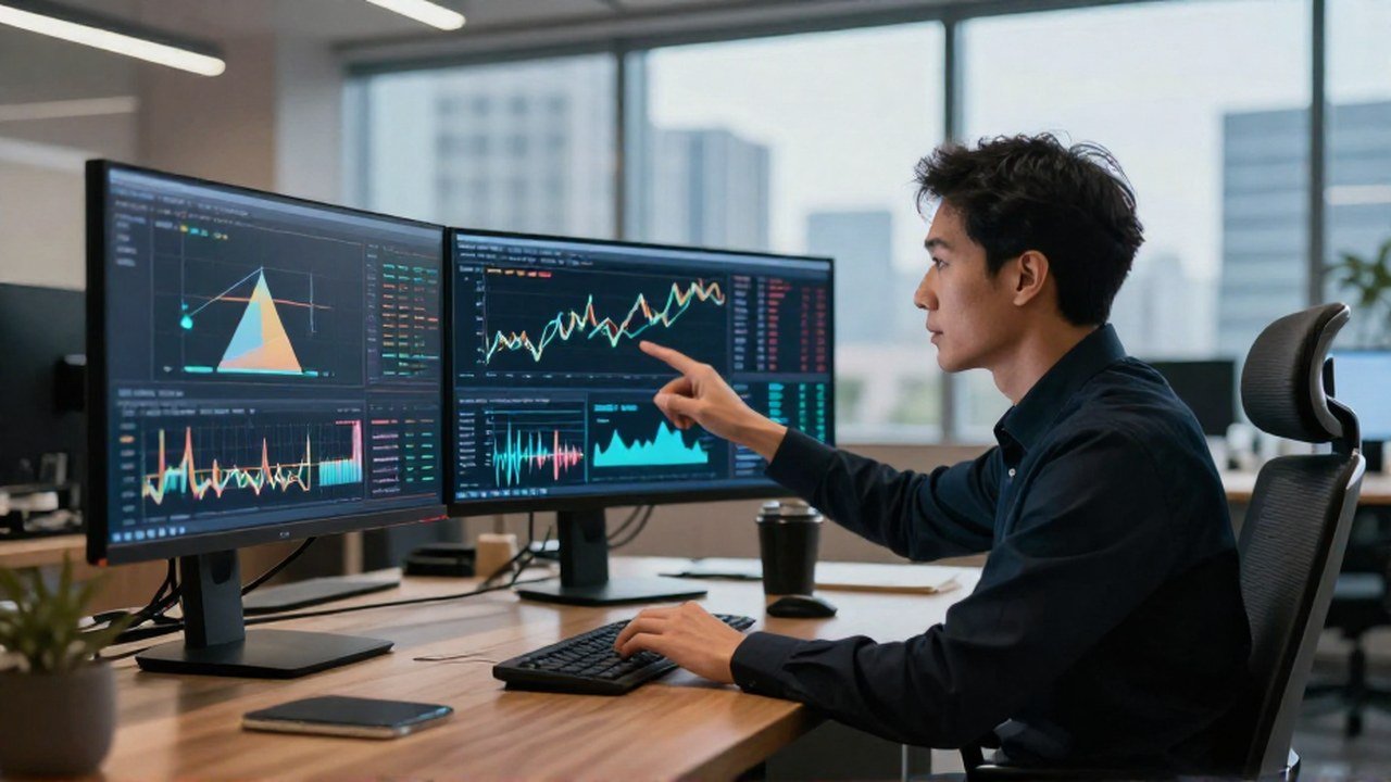 Analista financiero gestiona visualizaciones de datos en múltiples pantallas en una oficina moderna.