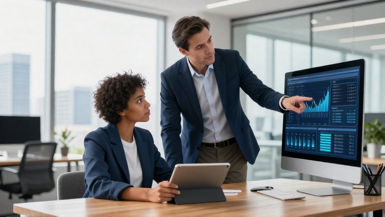 Especialista financiero señala visualizaciones de datos en un monitor a un joven inversor.