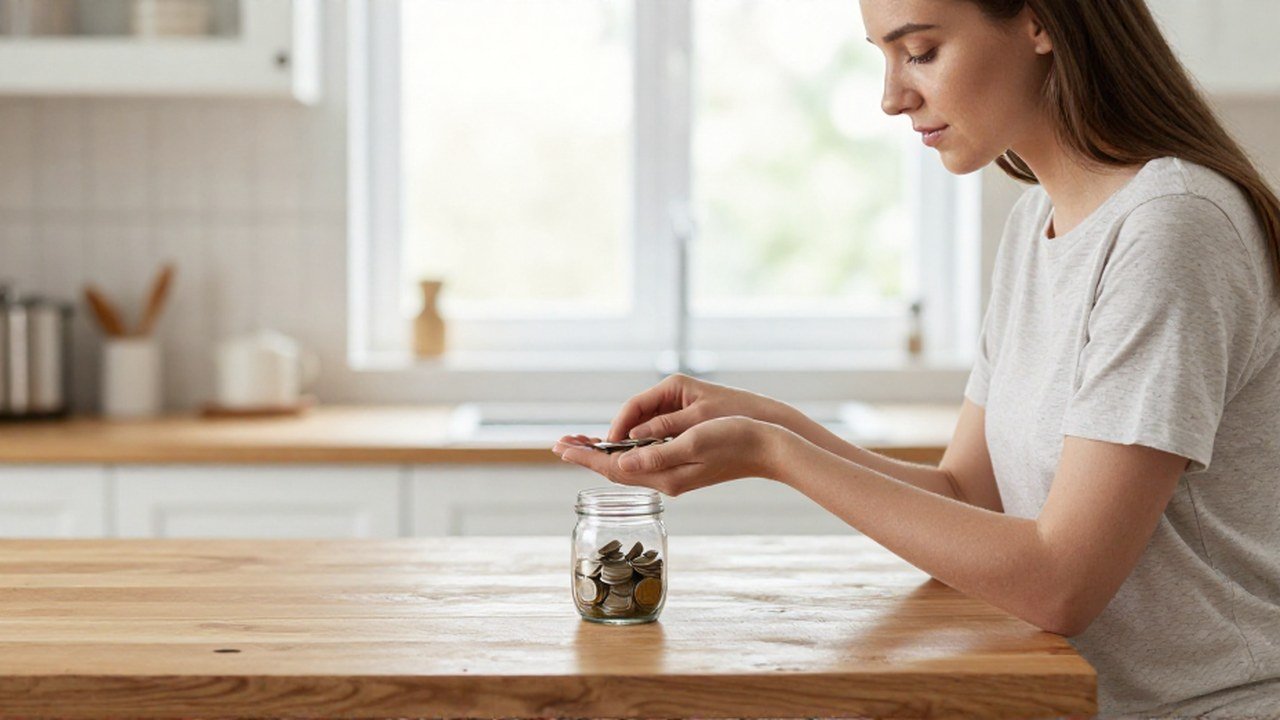 Mujer joven depositando monedas en un frasco de vidrio sobre un mostrador de cocina.