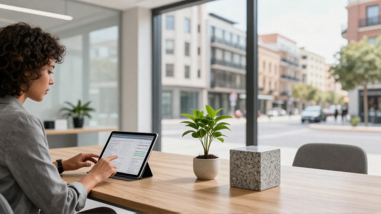 Profesional revisa datos en una tableta con una planta y un cubo de granito.
