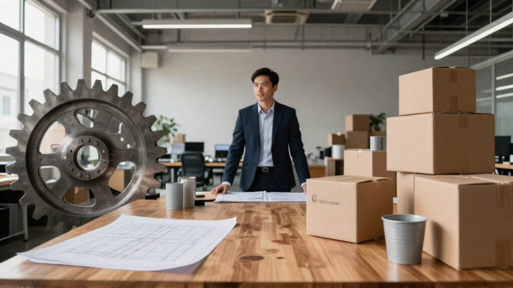 Un gerente observa una mesa dividida entre piezas industriales fijas y cajas de producción dinámicas.