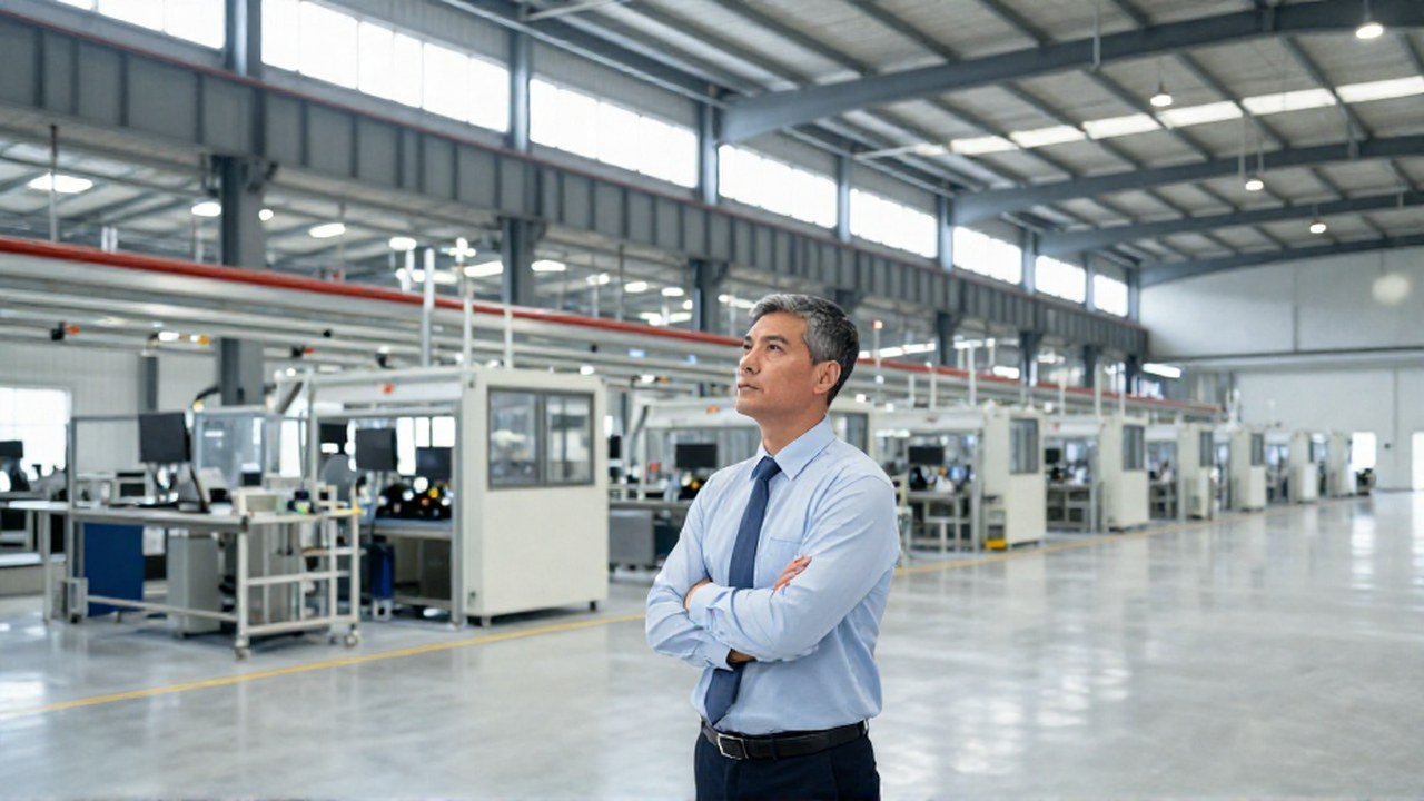 Un gerente observa el flujo de producción en una moderna planta de fabricación industrial.