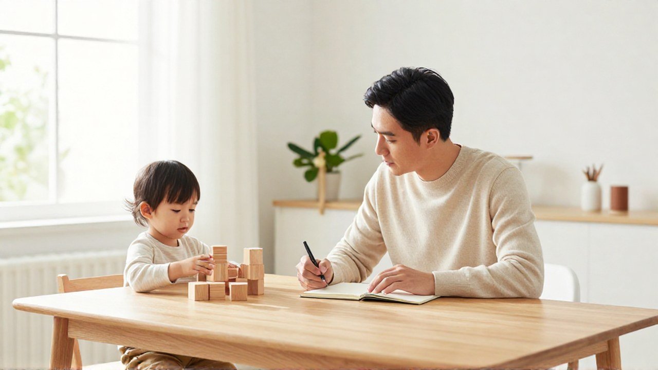 Un padre revisa un cuaderno en una mesa mientras un niño juega con bloques de madera.