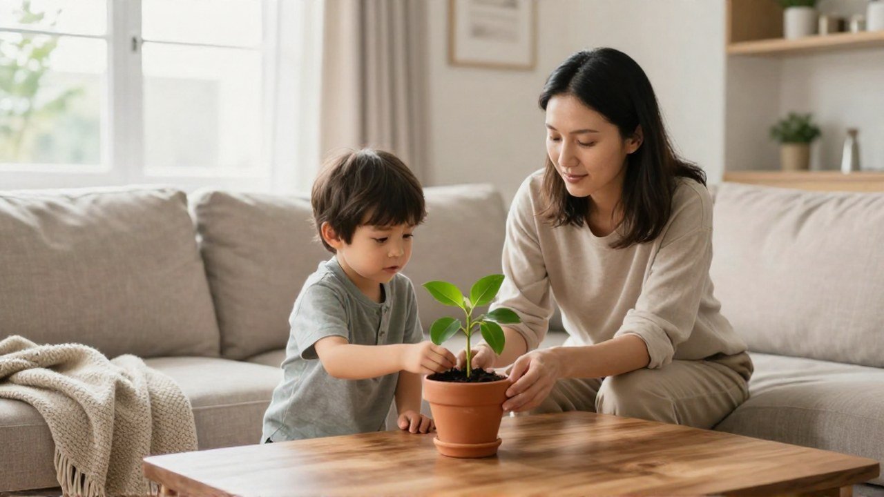 Una madre guía la mano de su hijo hacia un brote verde en una maceta.