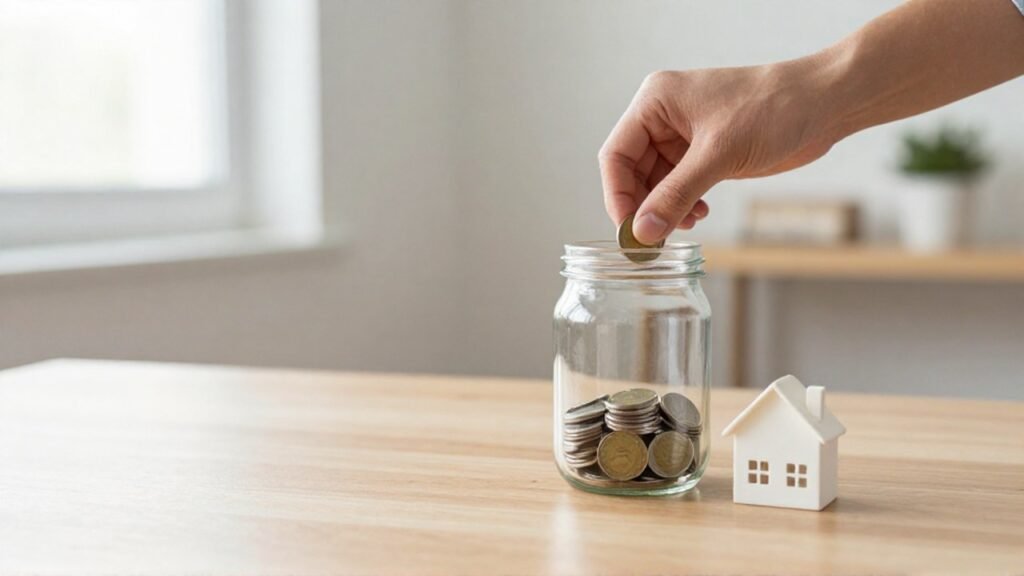 Manos depositando una moneda en un frasco junto a una maqueta de casa.
