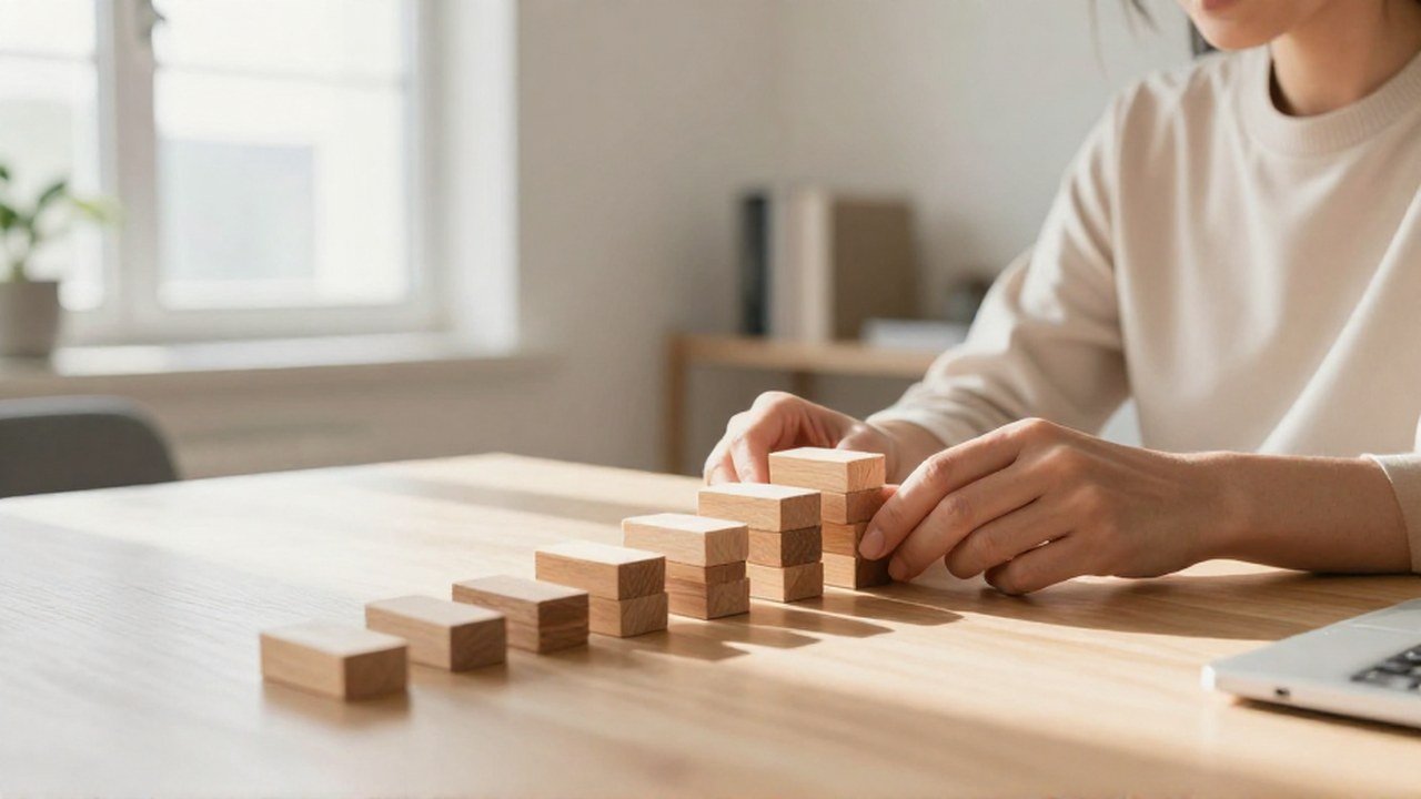 Persona organizando bloques de madera en una estructura ascendente sobre un escritorio.