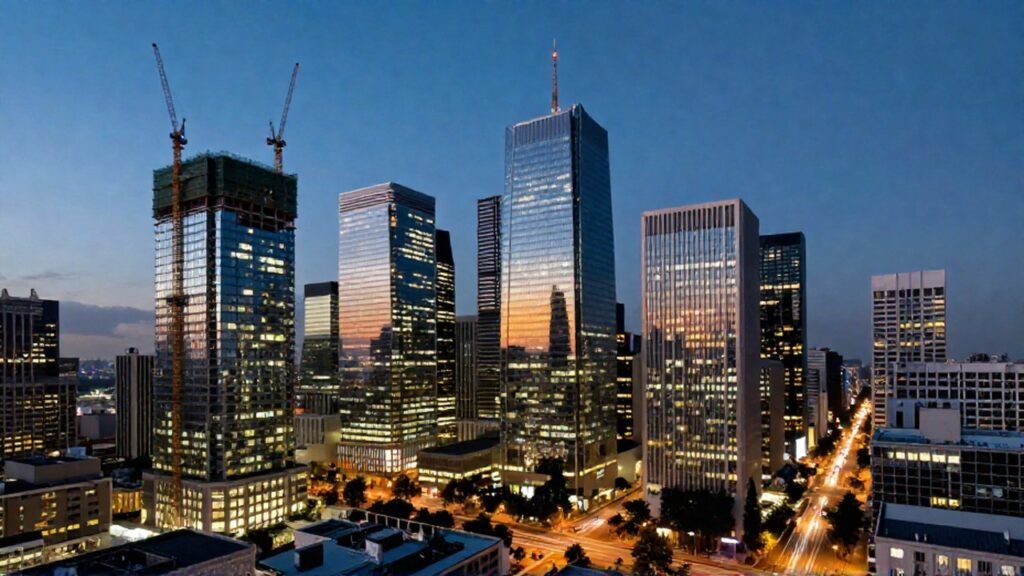 Horizonte financiero con edificios en construcción e iluminados que representan fases del ciclo económico.