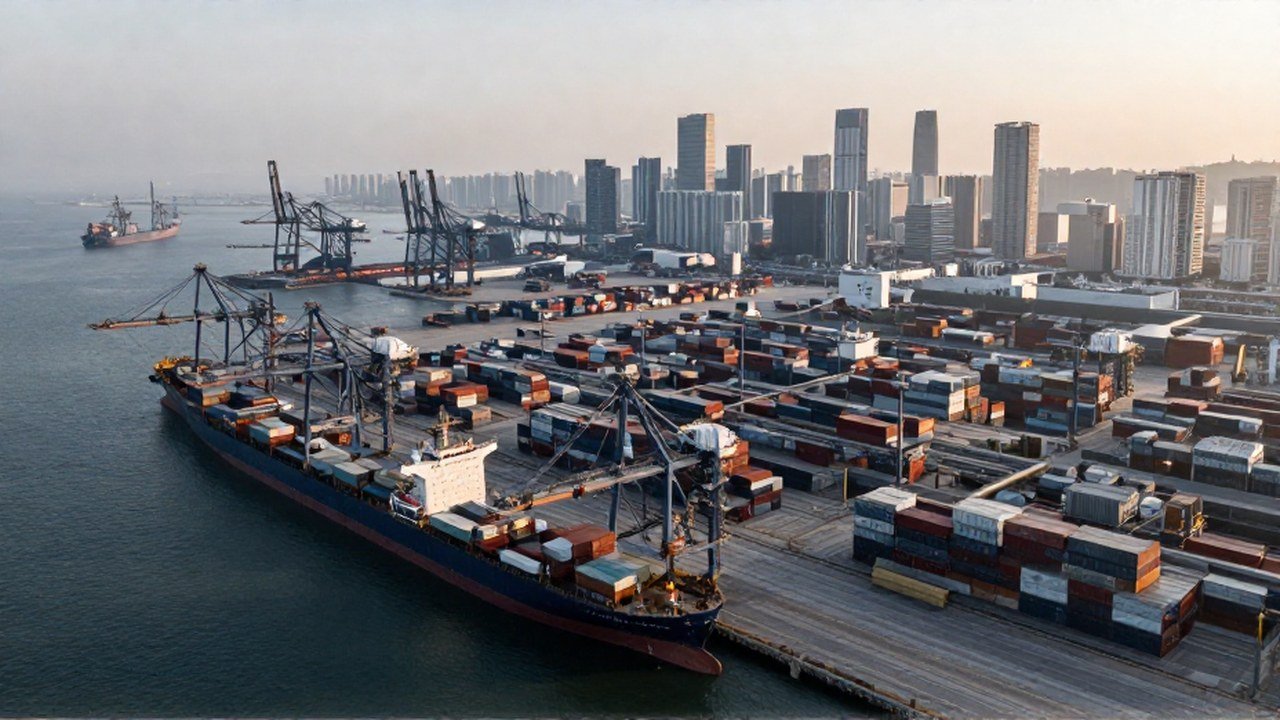 Vista aérea de un puerto industrial con grúas y un horizonte urbano denso.