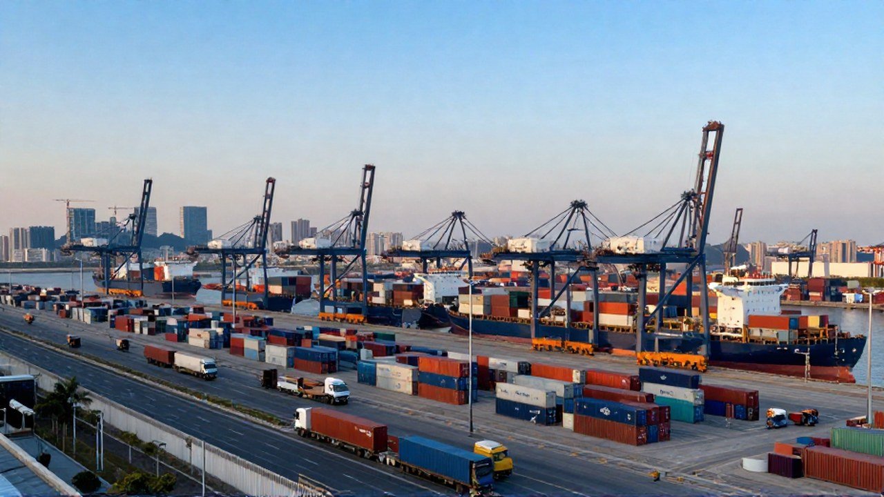 Puerto industrial con barcos de carga, grúas activas y camiones frente a una ciudad en desarrollo.