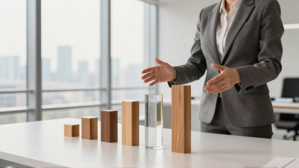 Un asesor financiero señala pilares de diferentes alturas que representan niveles de tasas de interés.
