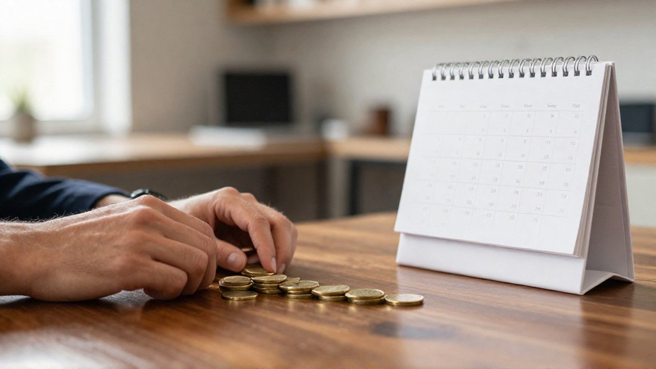 Manos disponiendo monedas de oro en pendiente sobre una mesa junto a un calendario.