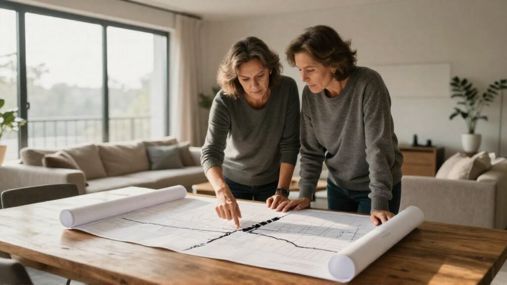 Pareja analiza un plano sobre una mesa y señala una sección desconectada en el diseño.