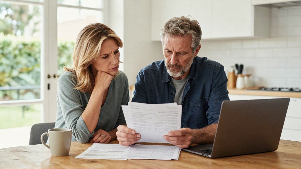 Pareja de mediana edad revisa facturas y documentos financieros en una mesa de cocina.