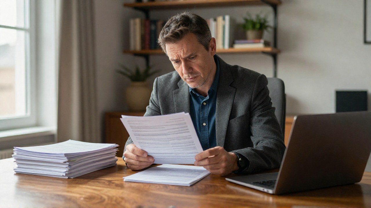 Persona de mediana edad con expresión preocupada revisando documentos financieros en un escritorio.