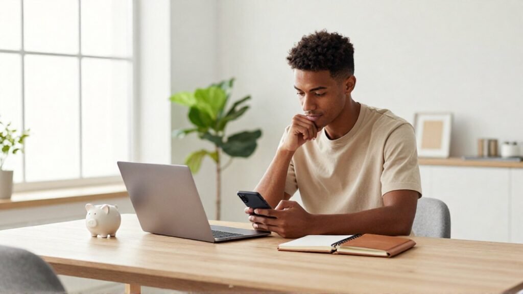 Persona joven mirando un smartphone junto a una hucha de cerámica y un cuaderno.