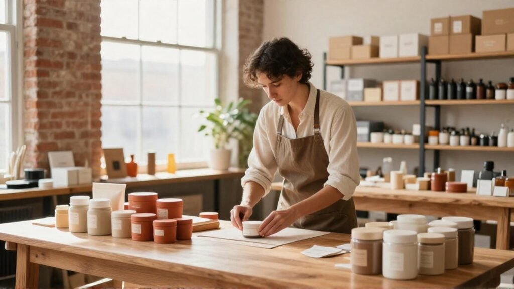 Emprendedor organiza productos artesanales sobre un banco de madera en un taller boutique.