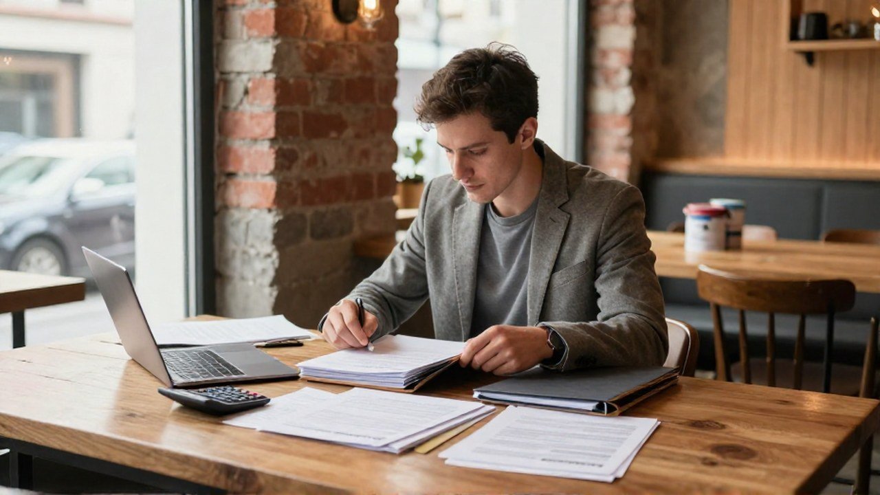 Emprendedor revisa documentos y carpetas en un café en renovación para planificar un nuevo negocio.