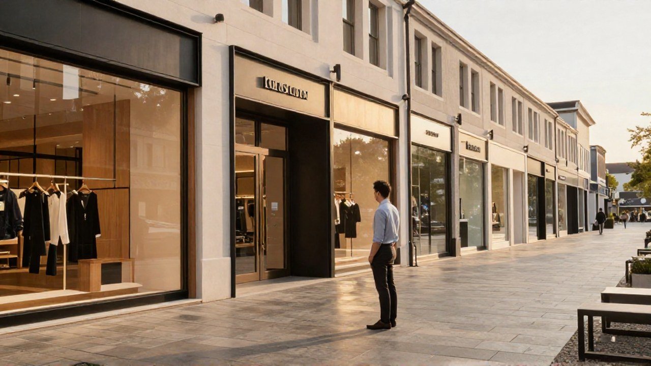 Un profesional observa una hilera de tiendas idénticas en una calle comercial moderna.
