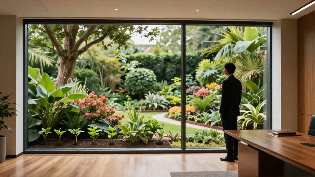 Inversor profesional contempla un jardín botánico diverso desde una oficina corporativa.