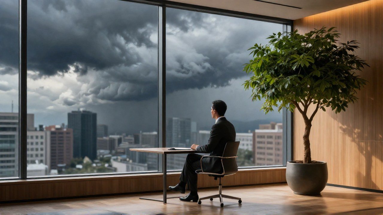 Inversor observa una tormenta en la ciudad desde una oficina con un árbol en crecimiento.