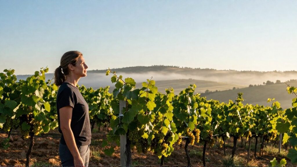 Mujer contempla el horizonte en un viñedo bajo la luz del amanecer.
