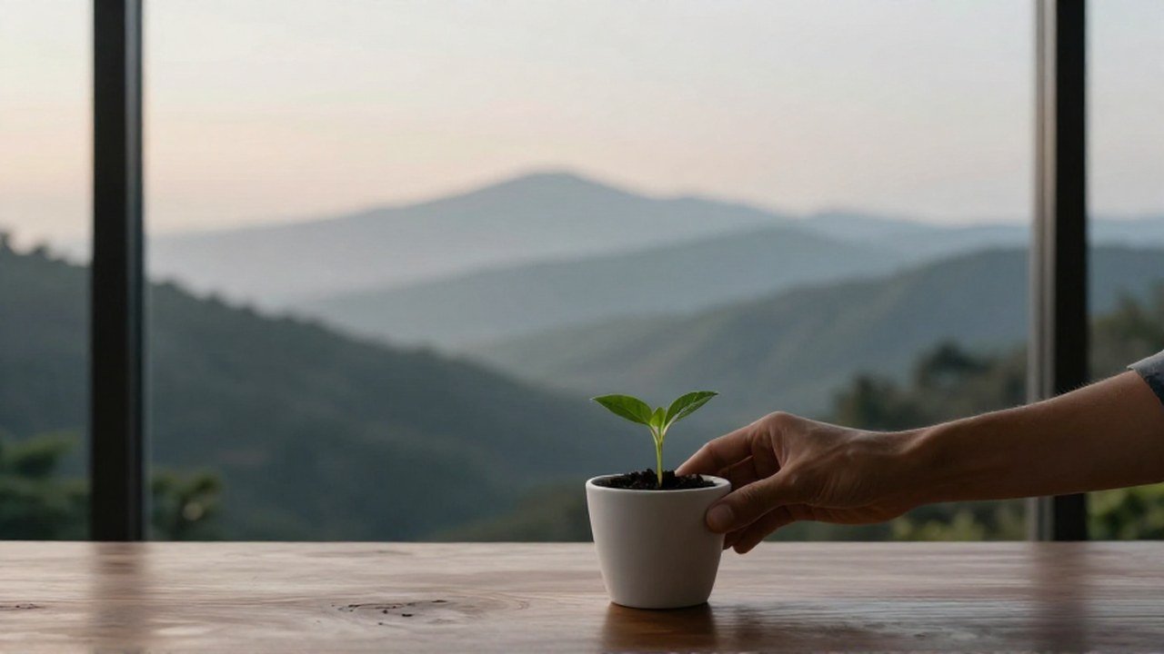 Una mano planta un brote verde en una maceta ante un paisaje de montañas brumosas.