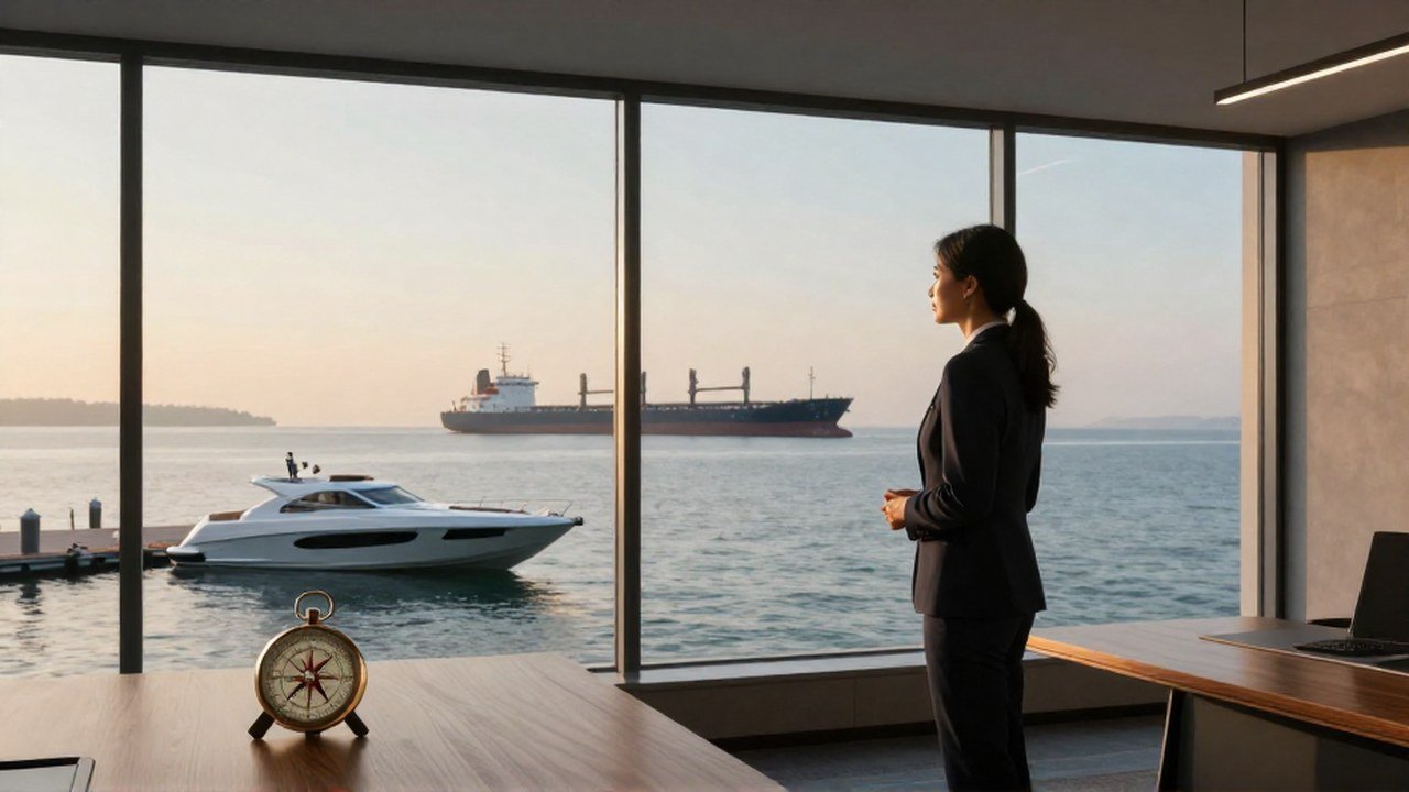 Asesor financiero observa un puerto con una lancha rápida y un barco de carga.