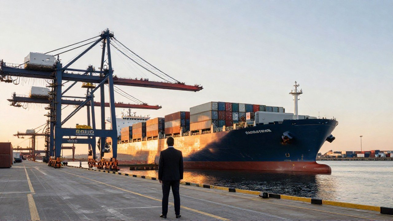 Un gerente de logística observa un gran buque de carga en un puerto industrial.